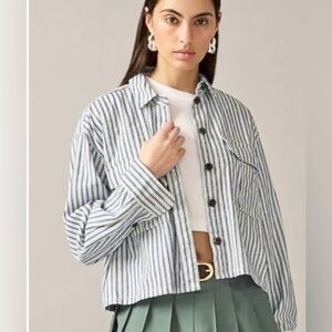 J. Crew Cotton Striped Cargo Shirt Shacket in Blue/ White. Boxy Relaxed. Sz M